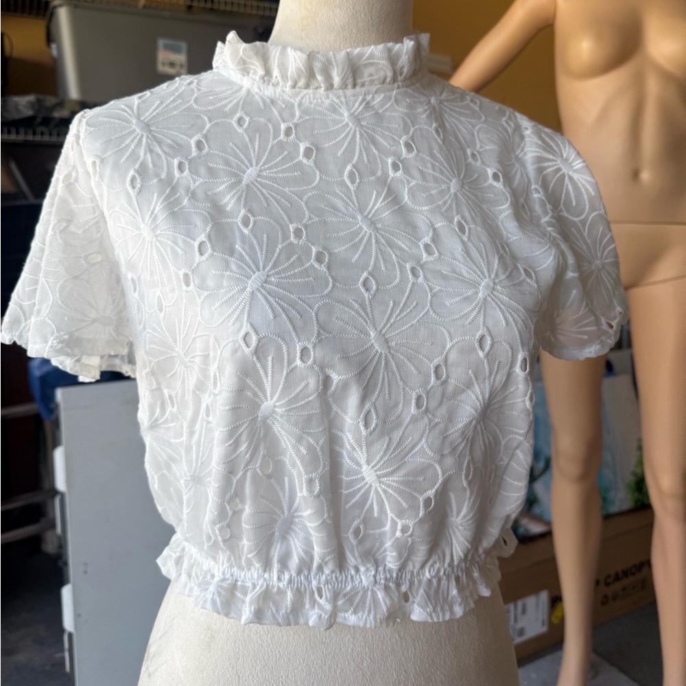 Altar'd State White Eyelet Ruffle Mock-Neck Crop Top